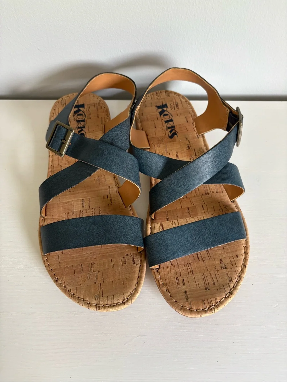 KORKS Jerrik Navy Blue Strappy Cork Flat Sandals Size 7.5 Eco Leather Comfort